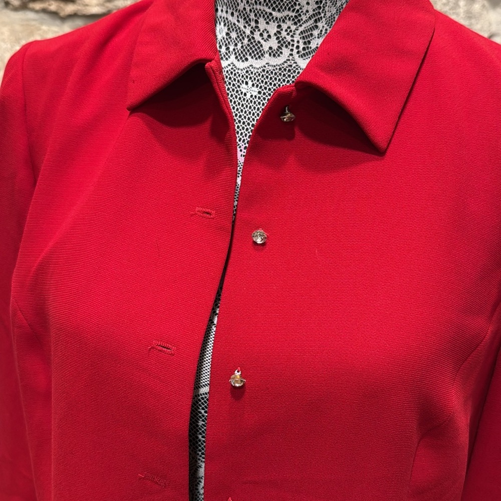 Elegant Red Women's Long Lined Rhinestone Front Buttoned Jacket - Picture 2 of 10